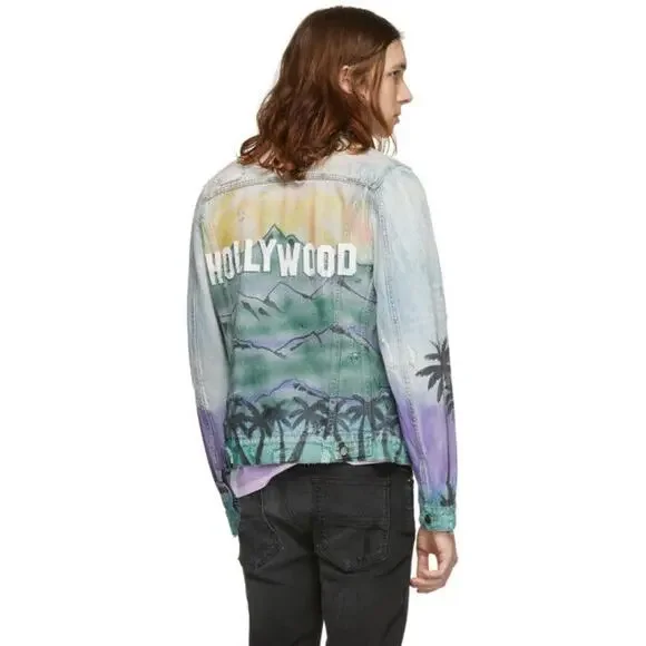 NEW Sz M Medium Mens Amiri Los Angeles Indigo Denim Airbrush "Hollywood" Jacket - Picture 4 of 11
